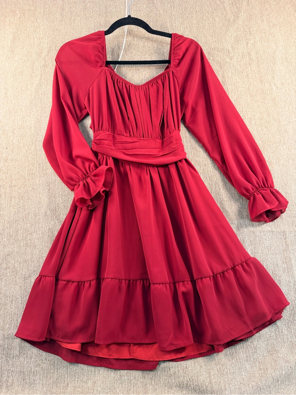 Exlura Red Long-Sleeve Tiered Mini Dress SM Back Cutout Tie